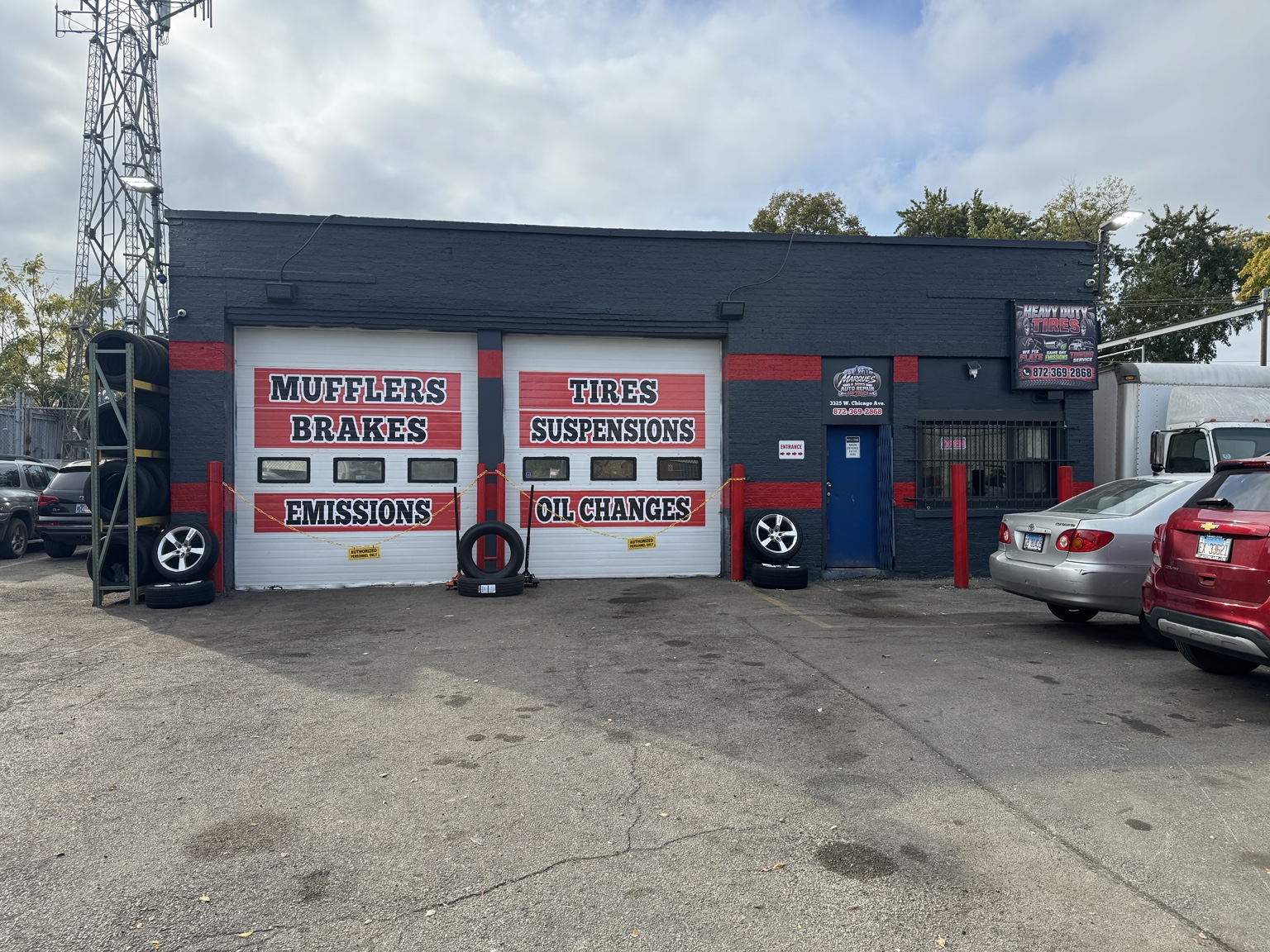 Real storefront of Marquez & Sons Auto Repair and Tires in Chicago